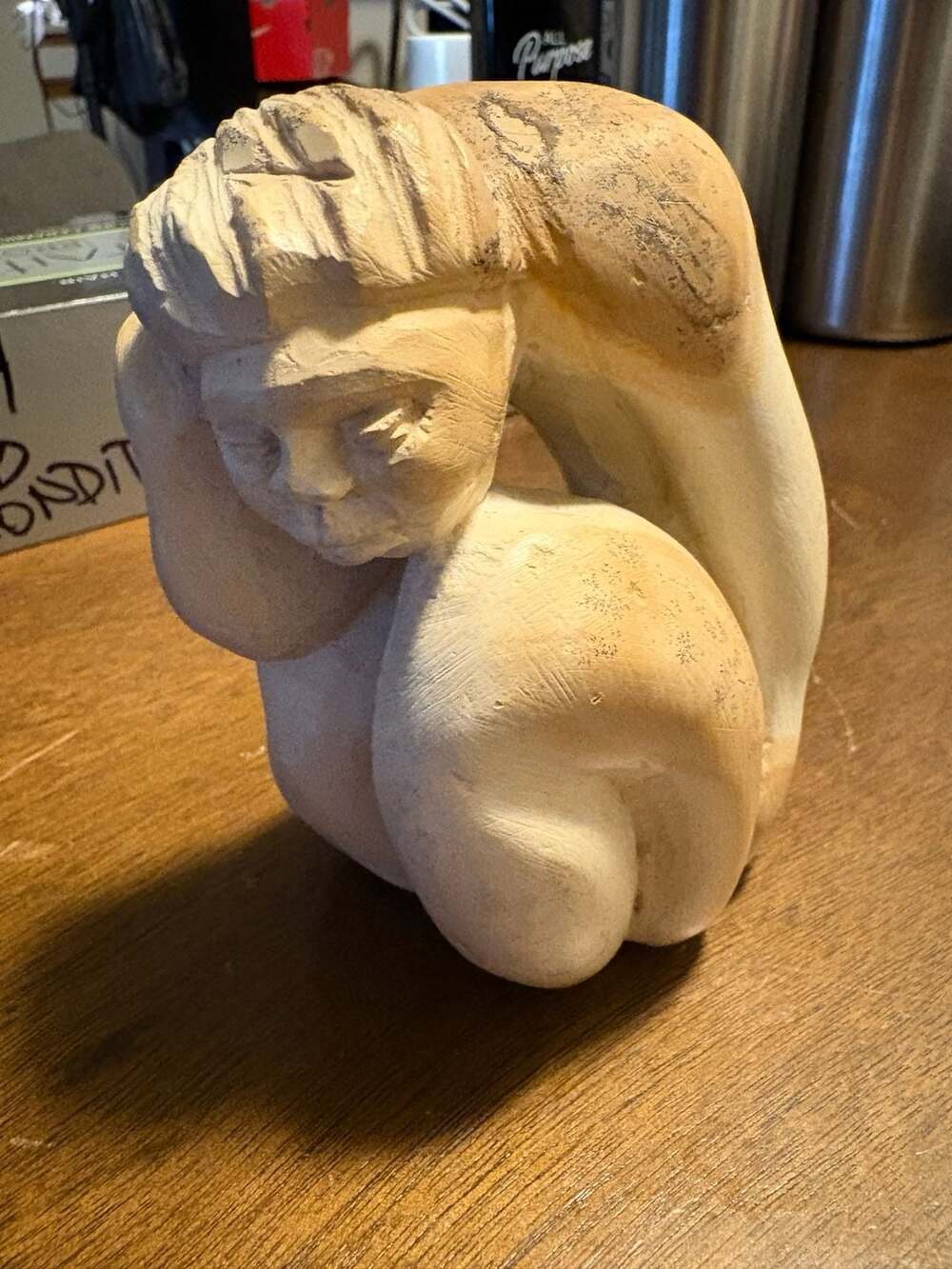 Vintage Hand Carved Stone Seated Woman Figural Sculpture “Gilot” signature